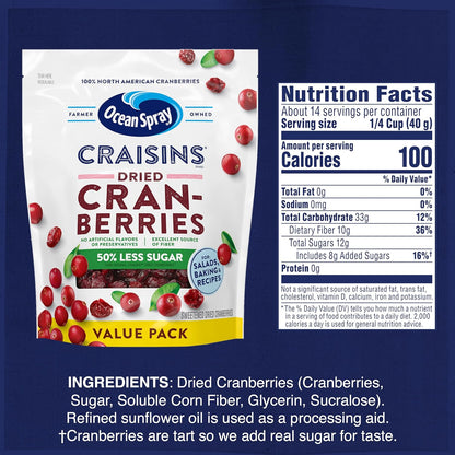 Ocean Spray Craisins 50% Less Sugar Dried Cranberries — Thoughtful Hostess Gift for Holiday Charcuterie Boards and Housewarming Baskets