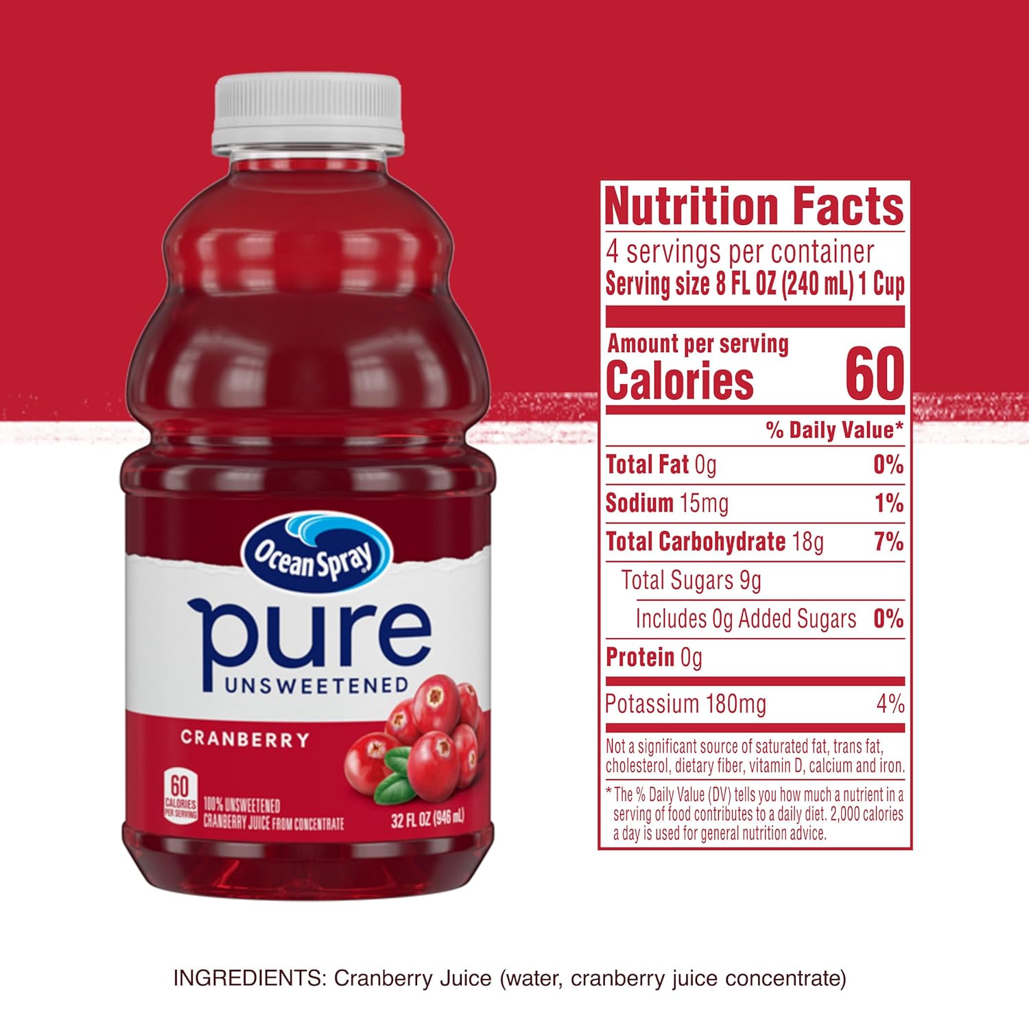 Ocean Spray® Pure Unsweetened Cranberry Juice – Portable Mixer for Patio Cocktails and Outdoor Brunches, 32 Fl Oz