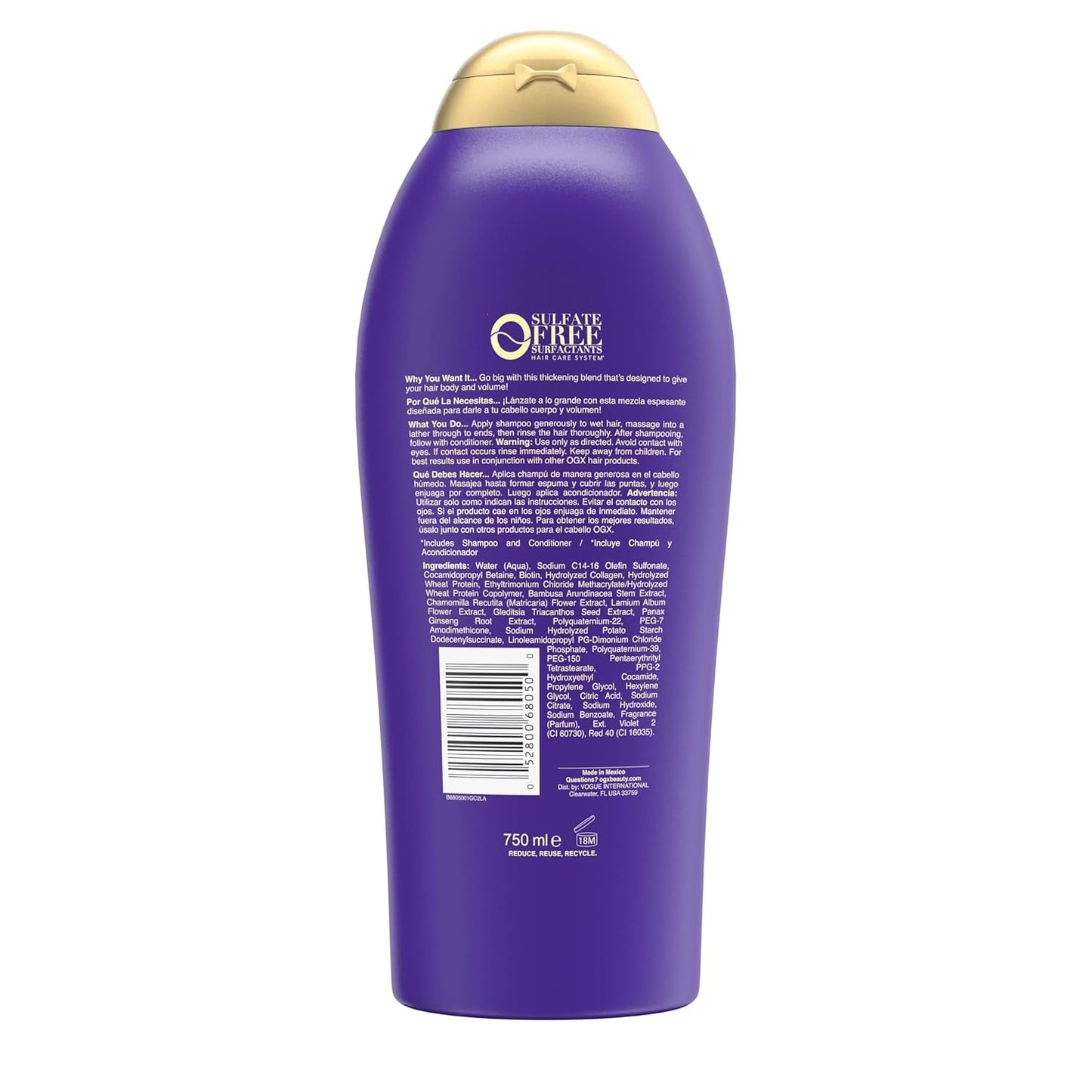 OGX Biotin & Collagen Volumizing Shampoo – Sulfate-Free Surfactants for Chemically Treated Hair, 25.4 fl oz