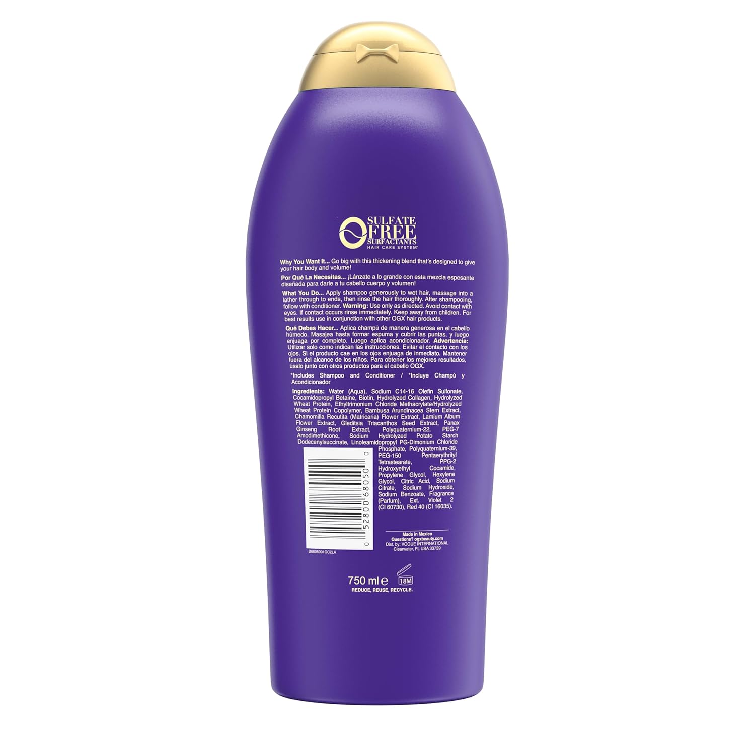 OGX Biotin & Collagen Volumizing Shampoo – Sulfate-Free Surfactants for Chemically Treated Hair, 25.4 fl oz