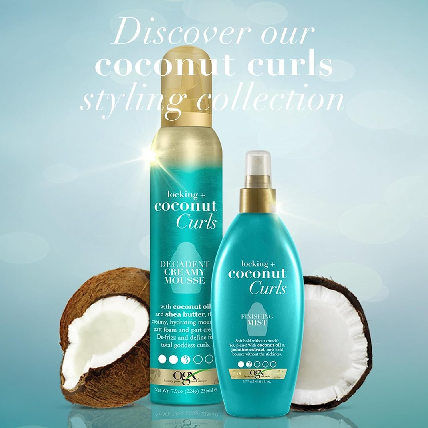 OGX Locking + Coconut Curls Mousse – Mindful Curly Hair Styling Cream for Damp Hair Definition, 7.9 Ounce