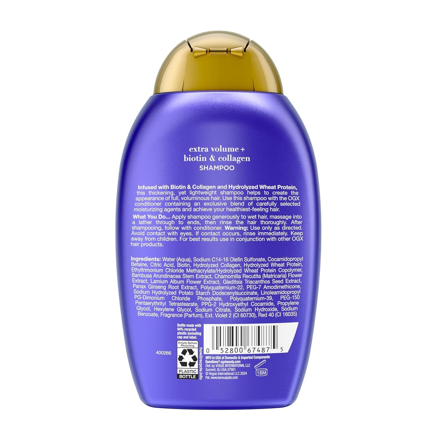 OGX Thick & Full + Biotin Collagen Extra Strength Volumizing Shampoo – Elegant Vanity Essential for Thinning Hair, Hydrolyzed Wheat Protein, 13 Fl Oz