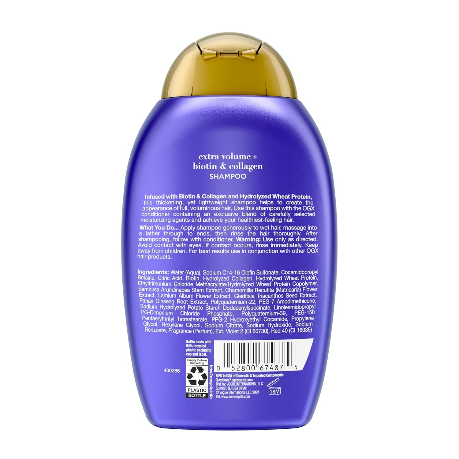 OGX Thick & Full + Biotin Collagen Extra Strength Volumizing Shampoo – Elegant Vanity Essential for Thinning Hair, Hydrolyzed Wheat Protein, 13 Fl Oz