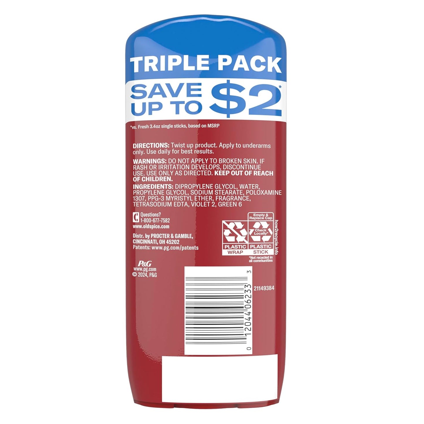 Old Spice Aluminum Free Deodorant for Men, High Endurance 3.4 oz, Travel Toiletry Stick for Camping and Outdoor Trips, Pack of 3