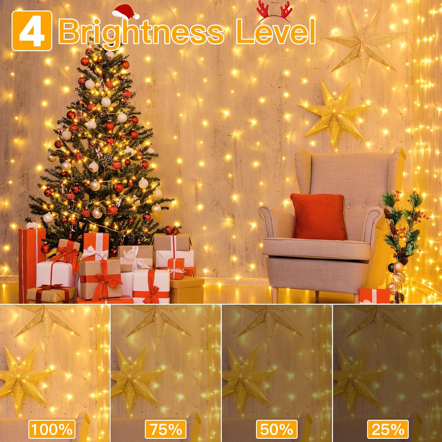 Ollny Curtain Lights 6.6x6.6ft – Minimalist Warm White LED Backdrop with Clean Lines and Single-Color Soft Glow