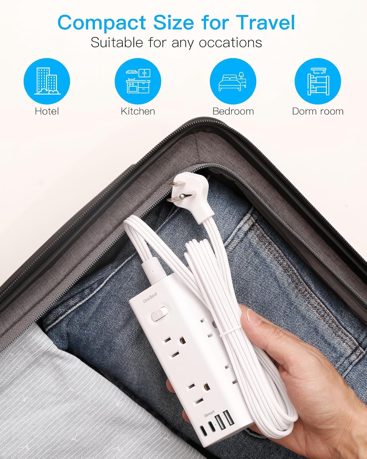 One Beat Flat Plug Power Strip – College Dorm Desk Charging Station for Laptop, Phone and Tablet