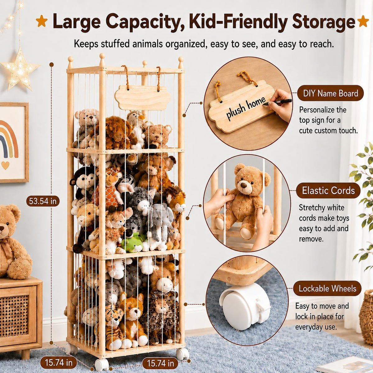 open-cage, multi-tier design (upper zone for large plushies, lower zone for small plushies and mini figures)