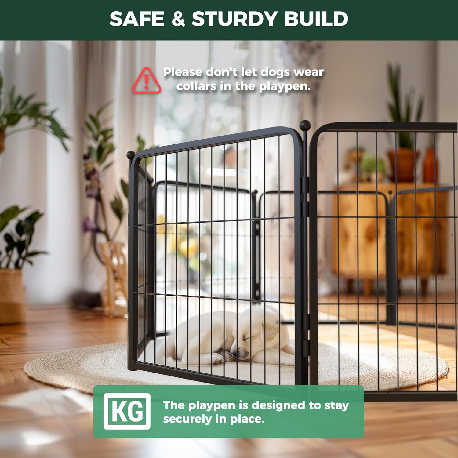 optional bundled accessories: washable pee pad, fitted cover, fence-to-wall anchors, camera mount, and panel connectors