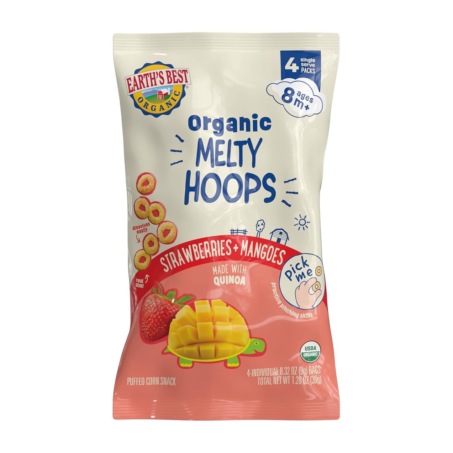organic puffed corn and quinoa base with real fruit or vegetable pieces