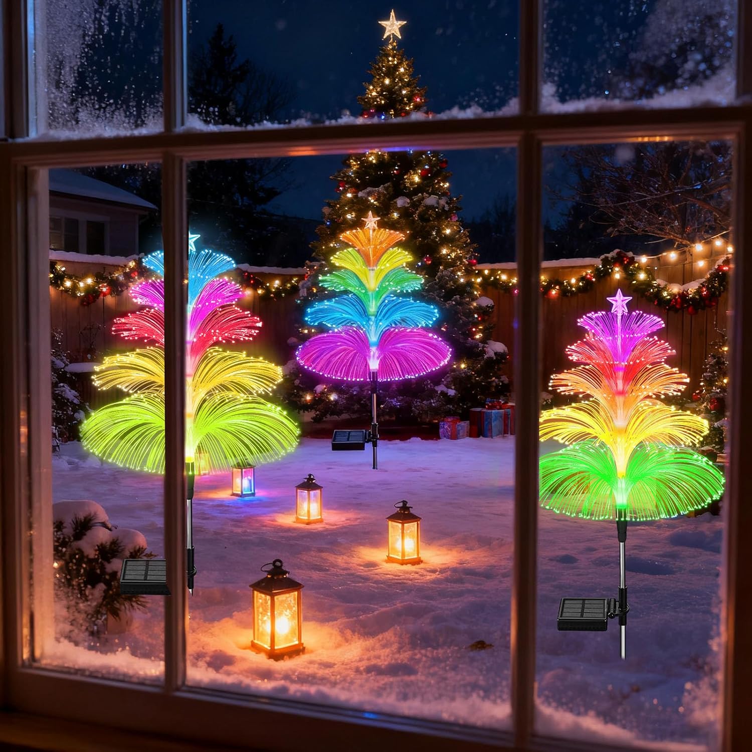 Outdoor Solar Powered Christmas Trees – 5 Layer Color Changing Fiber Optic Yard Lights for Garden Walkway and Camping