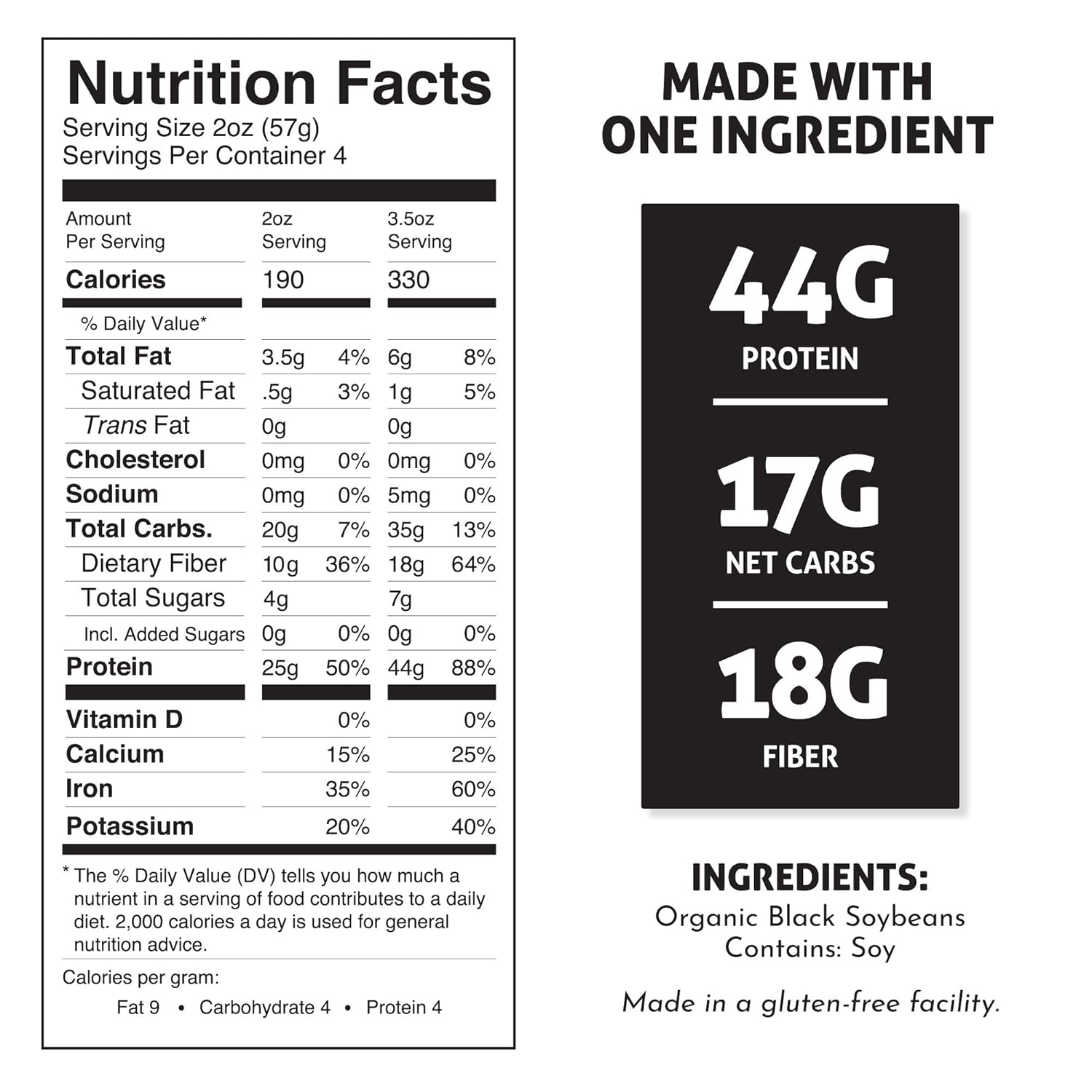 over 40g complete plant-based protein per 3.5 oz serving