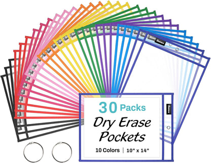 oversized 10x14 inch pockets that fit both letter-size 8.5x11 and 9x12 worksheets