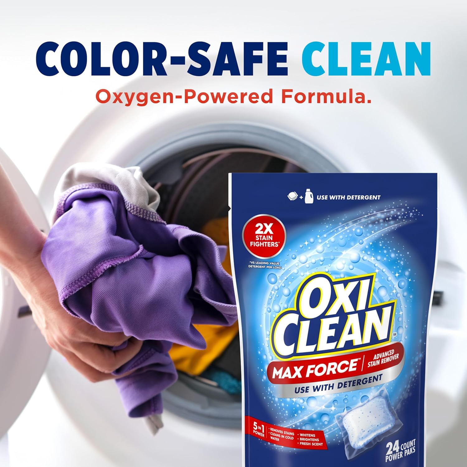 OxiClean Max Force Power Paks – Chlorine-Free Stain Remover Safe for Baby Skin and Sensitive Fabrics, 24 Count