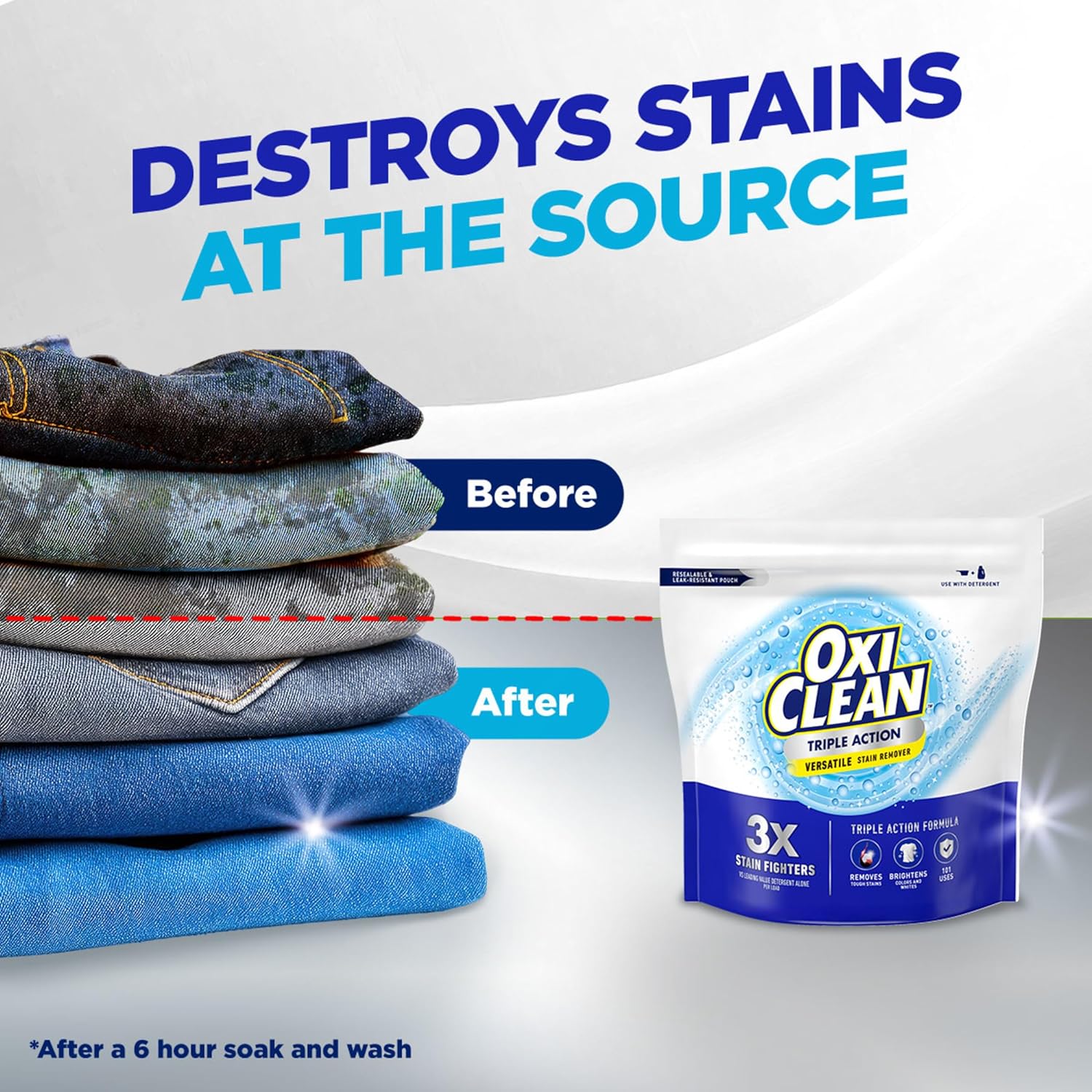 OxiClean Triple Action Versatile Stain Remover Powder – Color-Safe Laundry Booster for Kids' Uniforms and Play Clothes