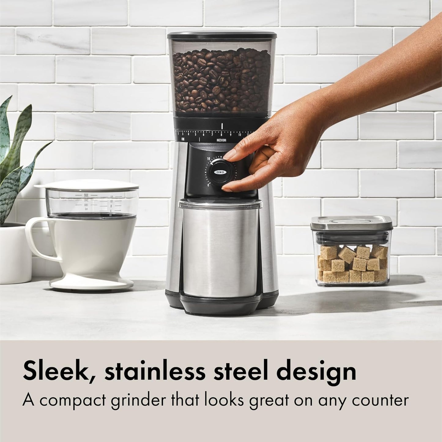 OXO Brew Compact Burr Grinder – Birthday Present for Her with Stainless Steel Finish