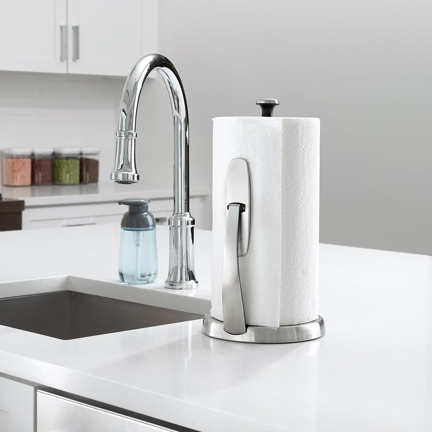 OXO Good Grips SimplyTear Paper Towel Holder Countertop – Intentional Design for Small-Space Kitchens, One-Handed Simplicity