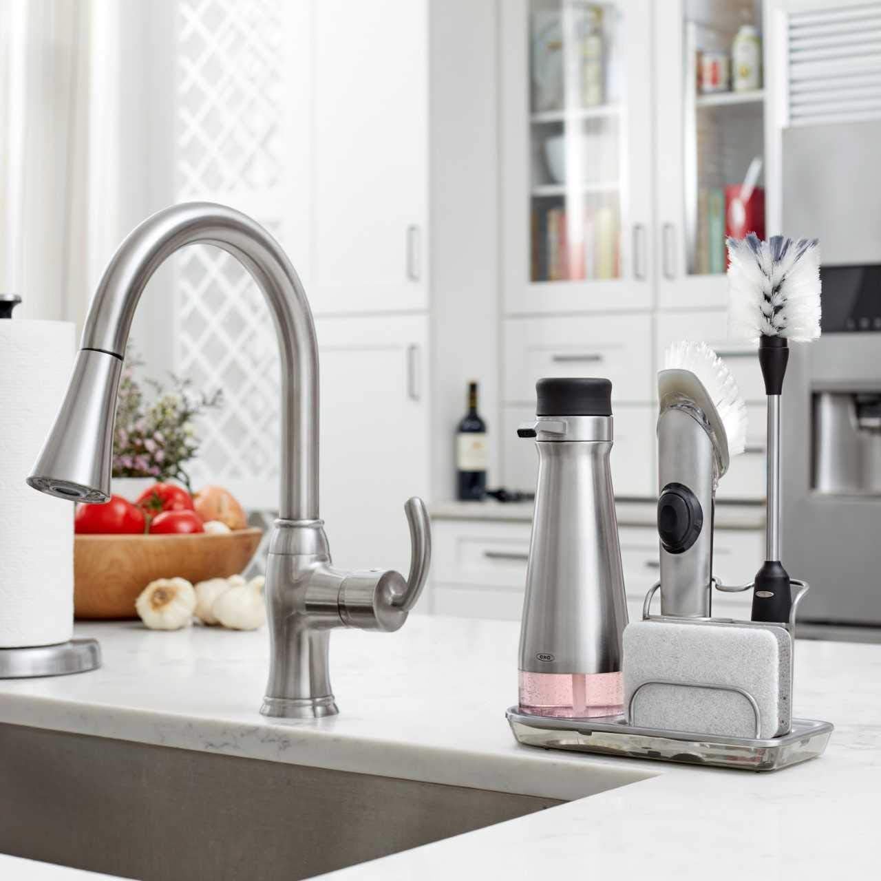 OXO Steel Soap Dispensing Dish Brush – Apartment Galley Kitchen Helper for One-Handed Dish Soap Dishwashing
