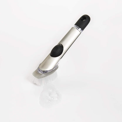 OXO Steel Soap Dispensing Dish Brush – Apartment Galley Kitchen Helper for One-Handed Dish Soap Dishwashing
