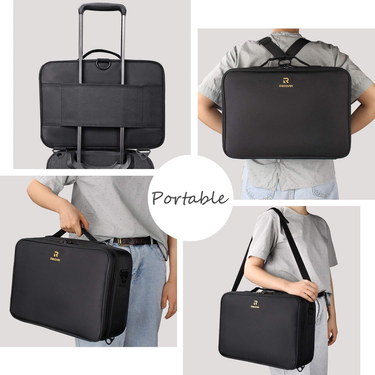 padded shoulder strap plus trolley-case attachment strap for hands-free carry