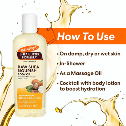 Palmer's Raw Shea Body Oil with Vitamin E – Gentle Sensitive Skin Care Safe for Kids' & Nursery Bathrooms