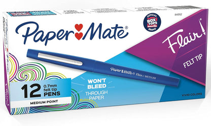Paper Mate Flair Blue Pens – Study Desk Supplies for Bullet Journaling and Lecture Notes, Smear-Resistant Medium Point, 12 Pack