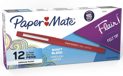 Paper Mate Flair Felt Tip Pens Red 12 Pack – Color-Coded Study Notes for High School and College Students