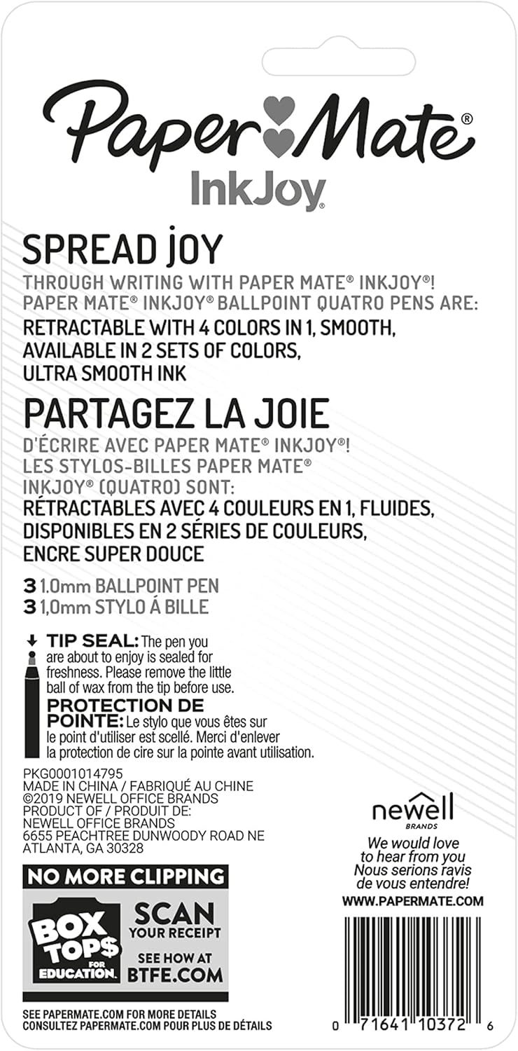 Paper Mate InkJoy Quatro Retractable Ballpoint Pens, Back-to-School Color Pen for High School and College Students, 1.0mm, 3 Pack