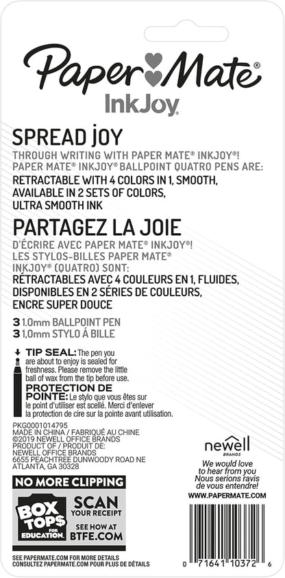 Paper Mate InkJoy Quatro Retractable Ballpoint Pens, Back-to-School Color Pen for High School and College Students, 1.0mm, 3 Pack