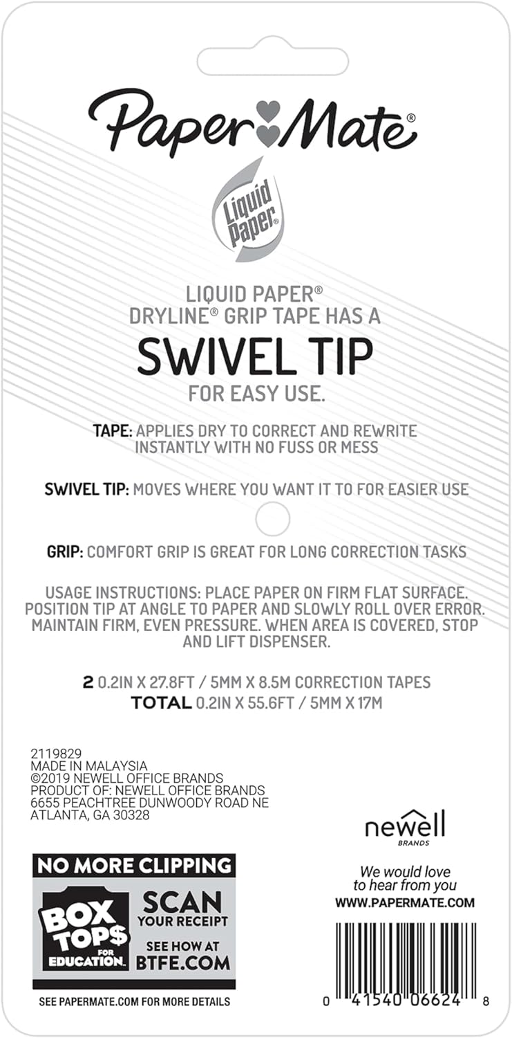 Paper Mate Liquid Paper DryLine Grip Correction White Tape, 2 Count – Instant-Dry Desktop Tool for Home Office and Remote Workstations