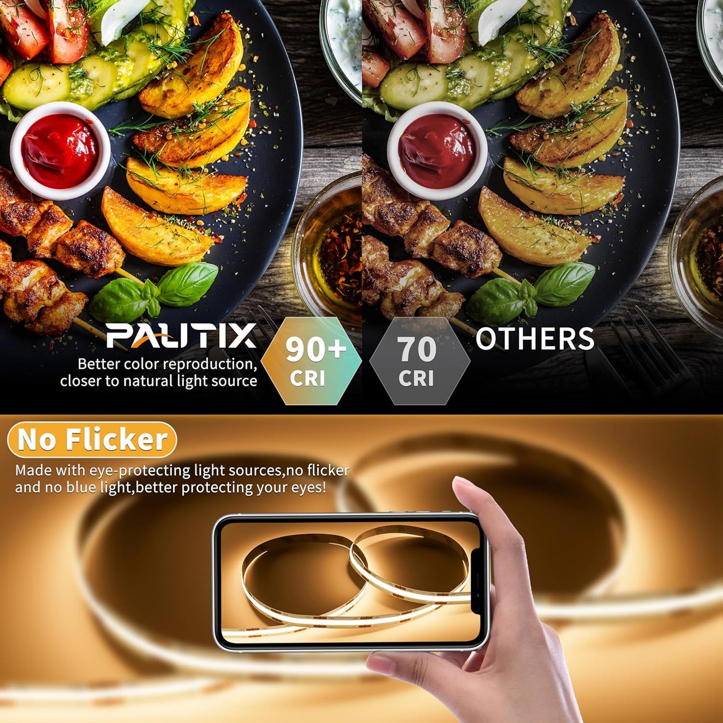PAUTIX 5V COB LED Strip Light – Cool-to-Touch, Low-Voltage USB Lighting Safe for Kids' Rooms, Pet Areas, and Bedside Use