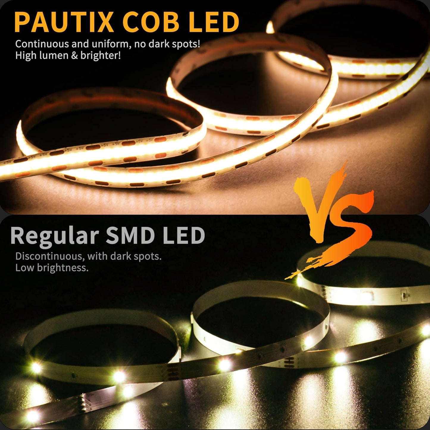 PAUTIX 5V COB LED Strip Light – Cool-to-Touch, Low-Voltage USB Lighting Safe for Kids' Rooms, Pet Areas, and Bedside Use
