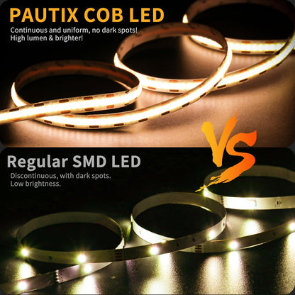 PAUTIX 5V COB LED Strip Light – Cool-to-Touch, Low-Voltage USB Lighting Safe for Kids' Rooms, Pet Areas, and Bedside Use