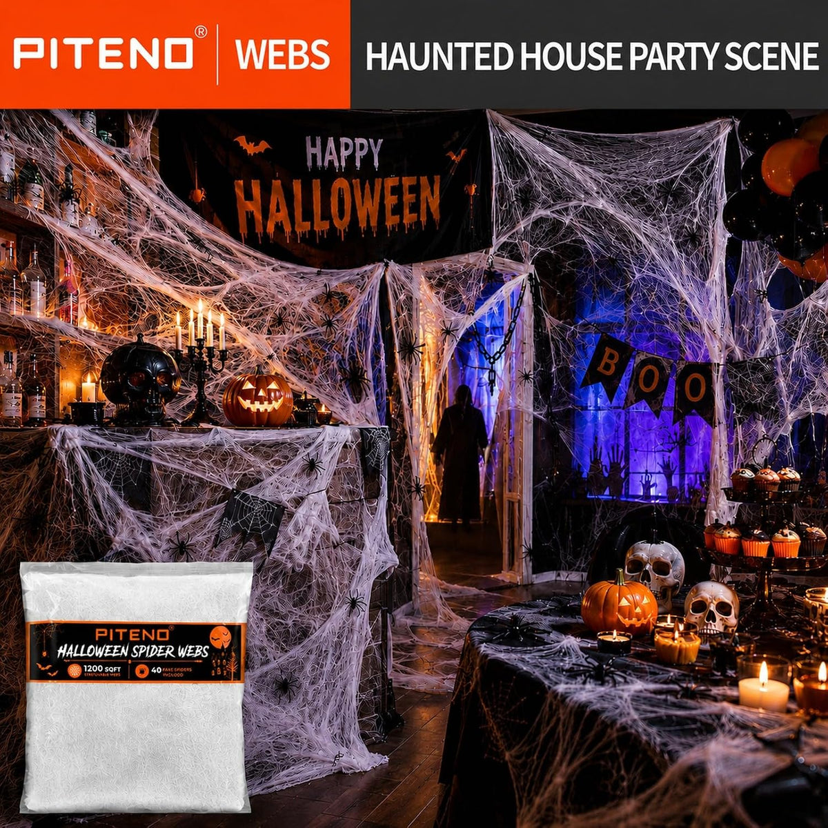 Piteno® Halloween Spider Webs – Kid-Safe Playroom & Trunk-or-Treat Display, No Flame Soft Fiber Webbing in 5 Colors