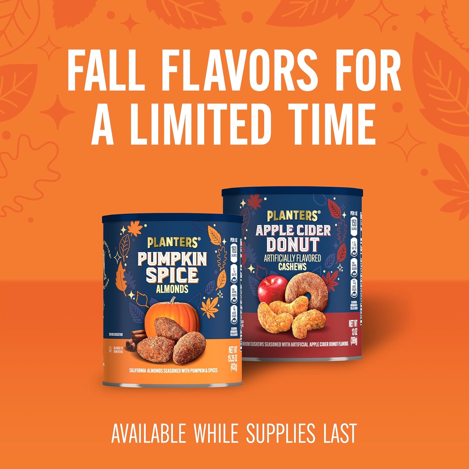 PLANTERS Fall Edition Pumpkin Spice Almonds 15.25 oz Resealable Canister – Family-Friendly Autumn Snack for School Lunch Bags and Playdates, Nut Protein Treat for Kids' Snack Time
