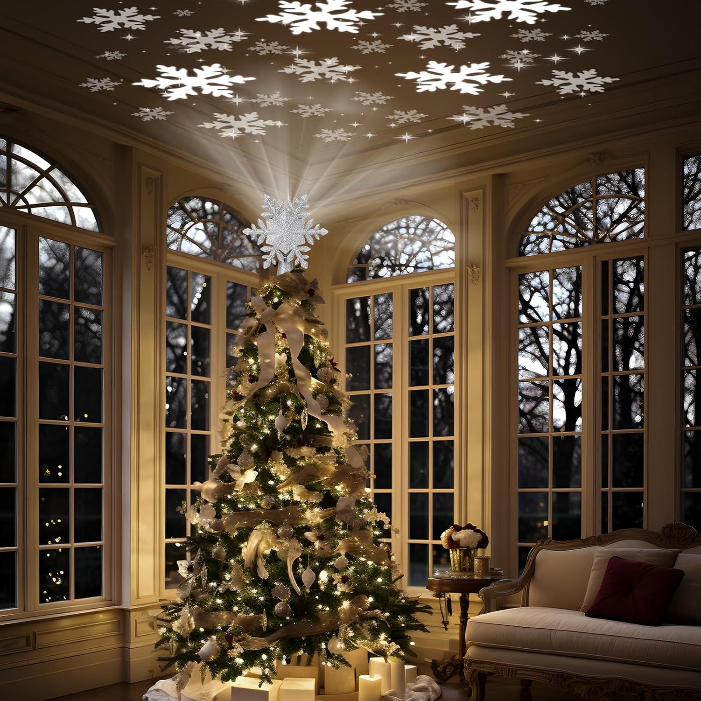 PliMook Snowflake Christmas Tree Topper Light, 6 LED Slides and 360° Rotating Glitter Projection, Child-Friendly Holiday Magic for Family Room and Kids' Bedroom, Silver