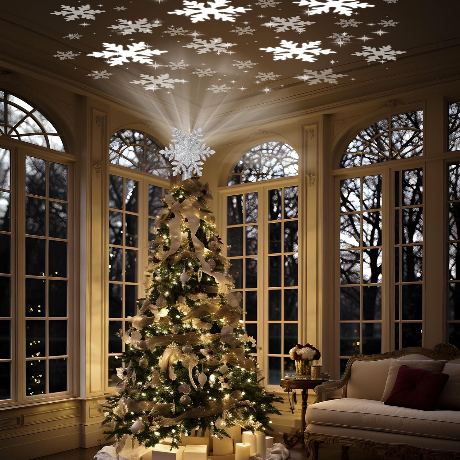 PliMook Snowflake Christmas Tree Topper Light, 6 LED Slides and 360° Rotating Glitter Projection, Child-Friendly Holiday Magic for Family Room and Kids' Bedroom, Silver