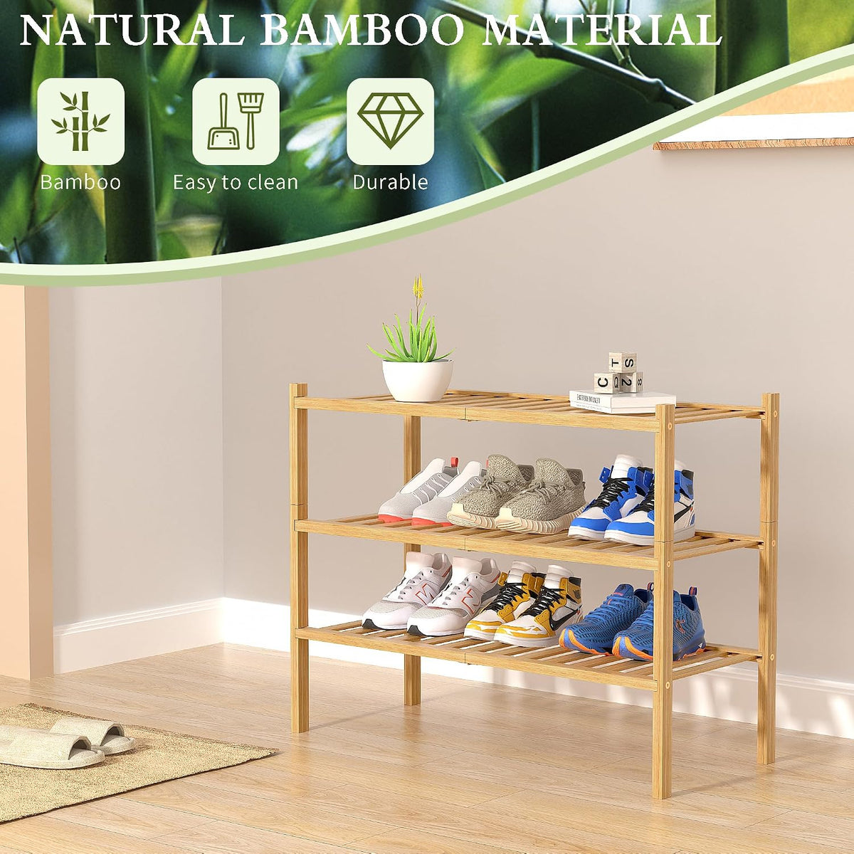 polished bamboo finish with included hardware for tool-light assembly in approximately 10 minutes