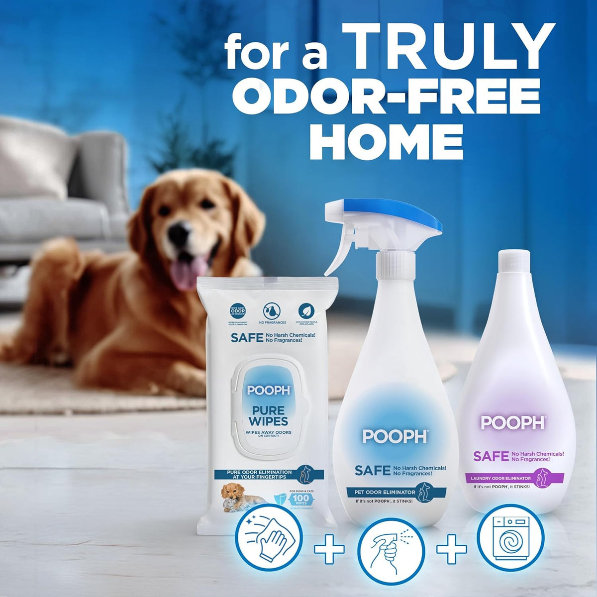 POOPH Pet Odor Eliminator Spray – Fragrance-Free Upholstery Mist for Homes with Toddlers and Pets