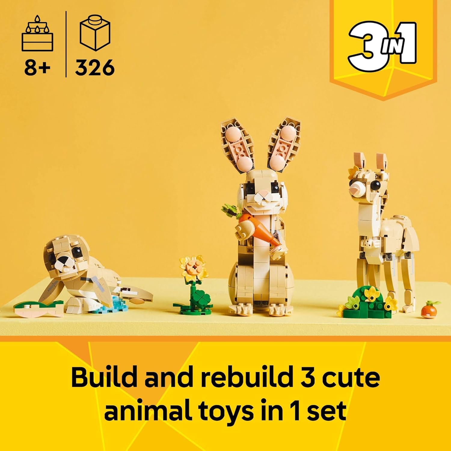 posable joints on every model (bunny head/ears/legs, llama ears/head/tail/feet, seal head/neck/flippers)