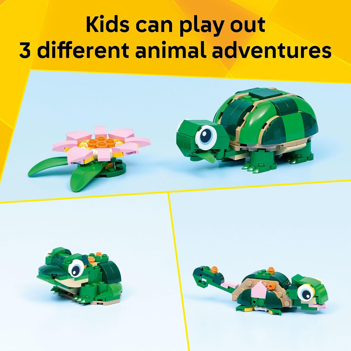 posable turtle head and mouth, nod-and-twist chameleon tail, and opening frog mouth