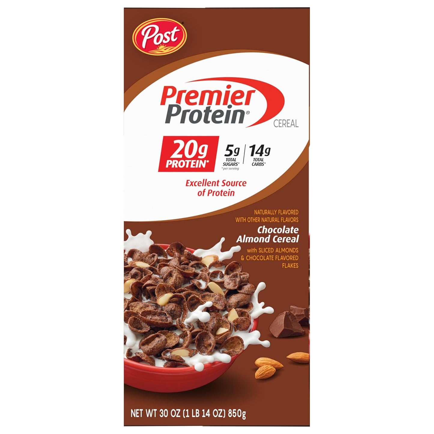 Post Premier Protein Chocolate Almond Cereal — Trail-Ready Hiking Snack Cereal for DIY Backpacking Mixes, 20g Protein