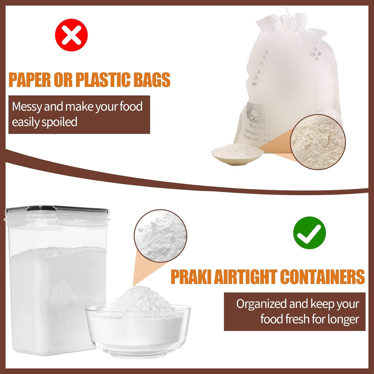 PRAKI Airtight Canisters with Lids – Black or Grey Set for Cohesive Open-Shelf Pantry Styling