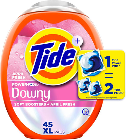 pre-measured single-dose pod format combining detergent and downy softener