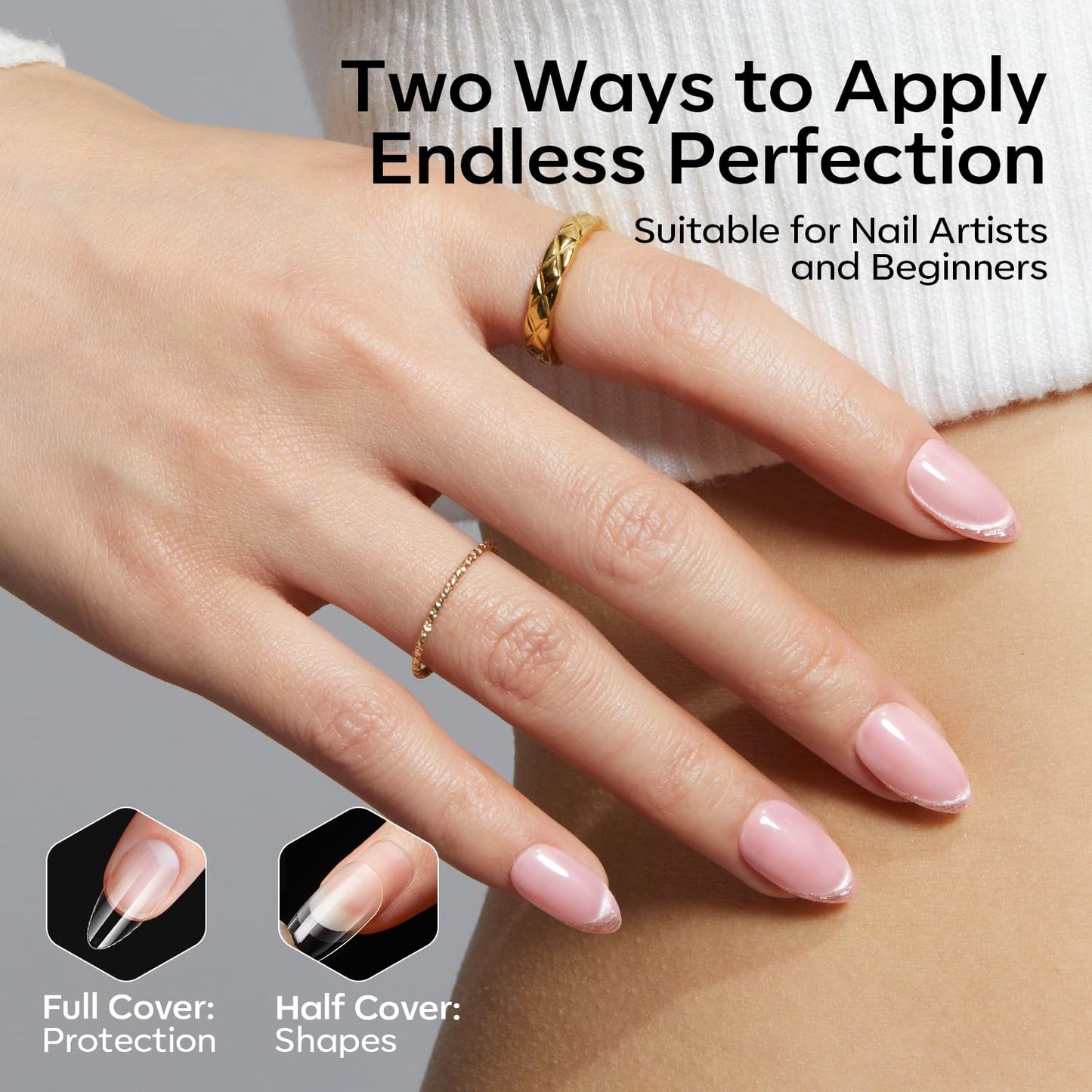 pre-shaped and pre-buffed to skip filing and cut application time to about 3 minutes per extension
