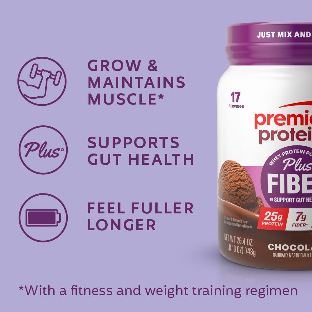 Premier Protein Powder Plus Fiber – On-the-Go Meal Replacement for Commuters, Gut-Health Protein Boost