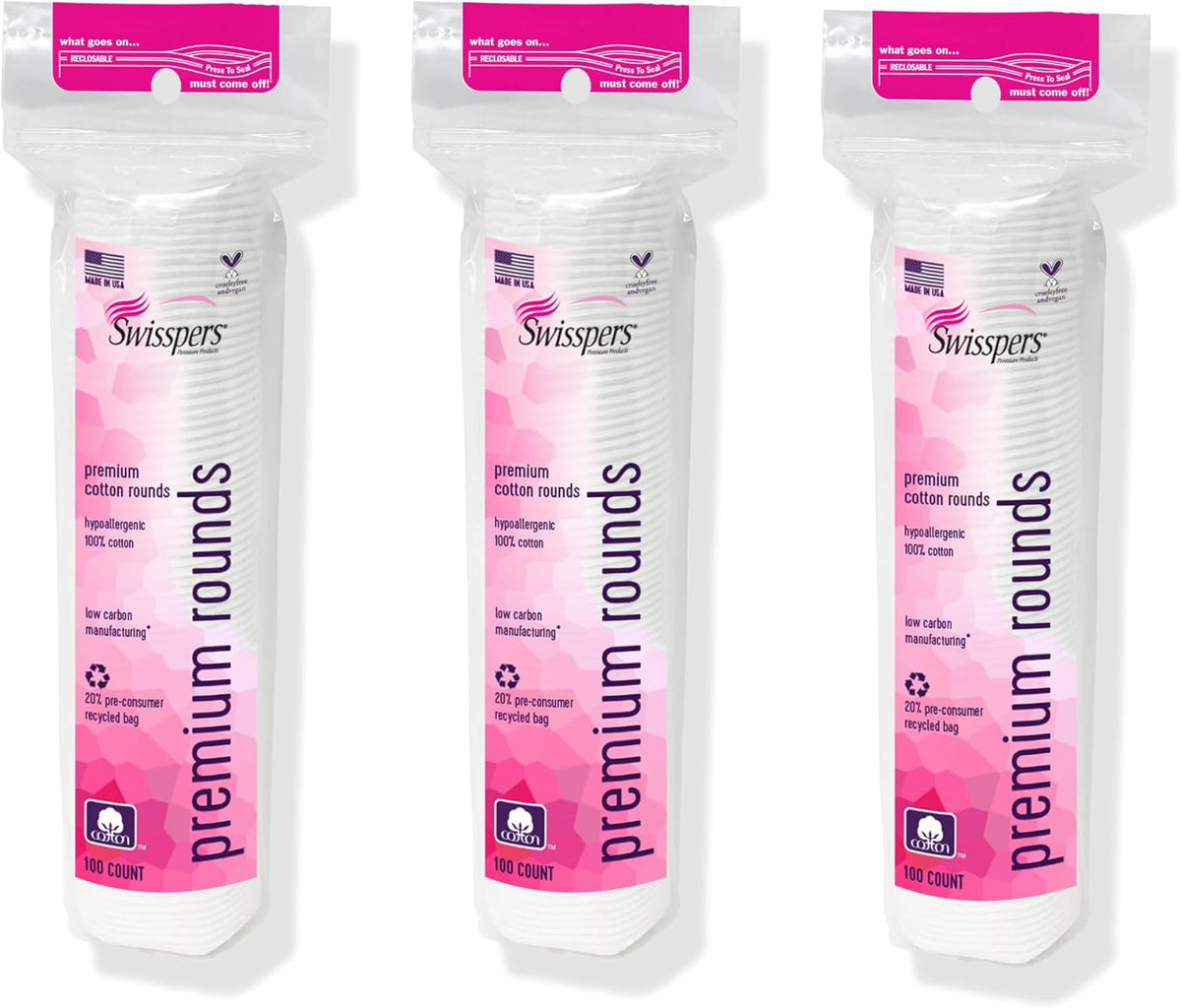 premium dual-sided cotton rounds — textured side for cleansing, smooth side for lint-free application