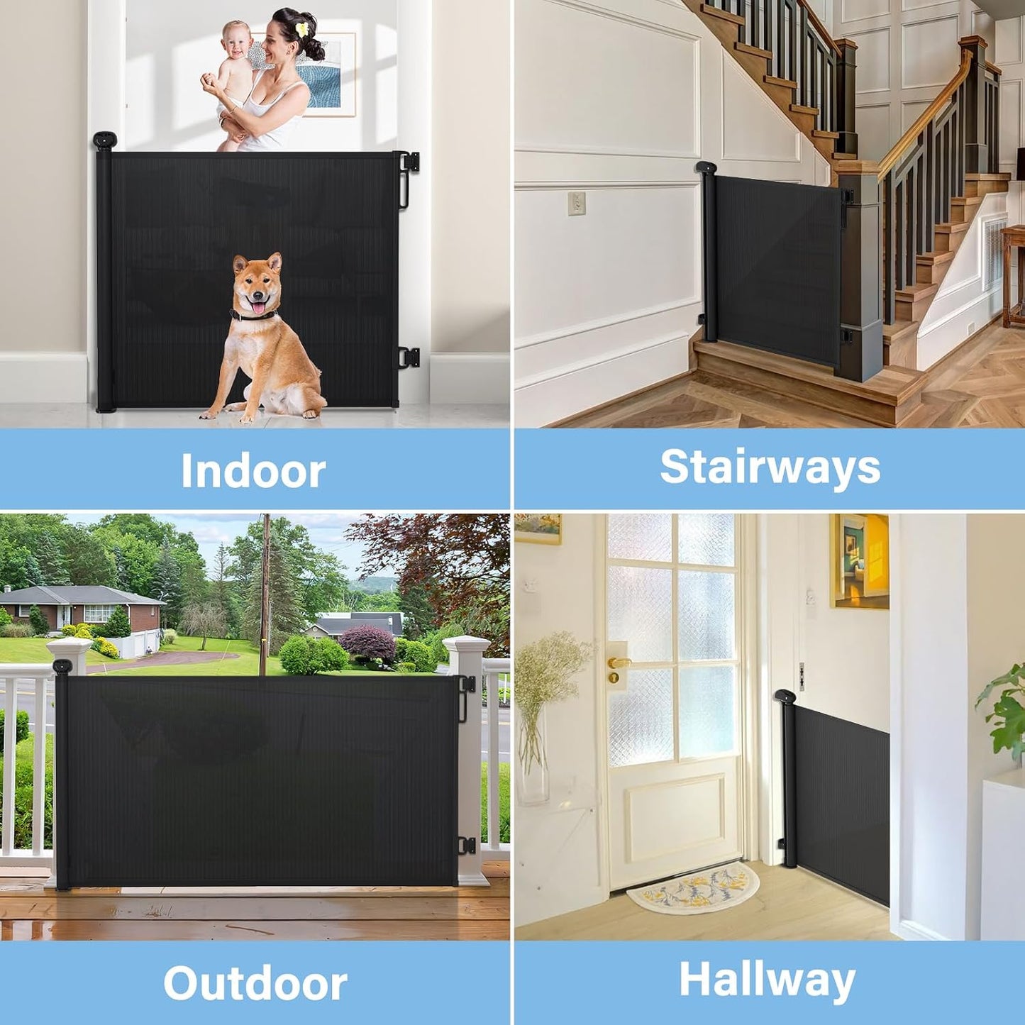 probebi Retractable Baby Gate for Stairs – 54" Wide Mesh Barrier, No-Trip No-Bottom-Rail Design for Childproofing