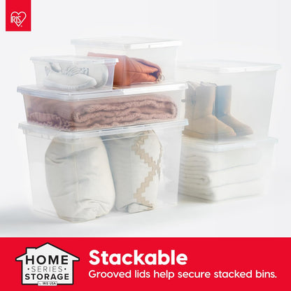 product line spans 6 qt, 17/17.5 qt, 25 qt, and 36 qt sizes in clear or clear/white finishes