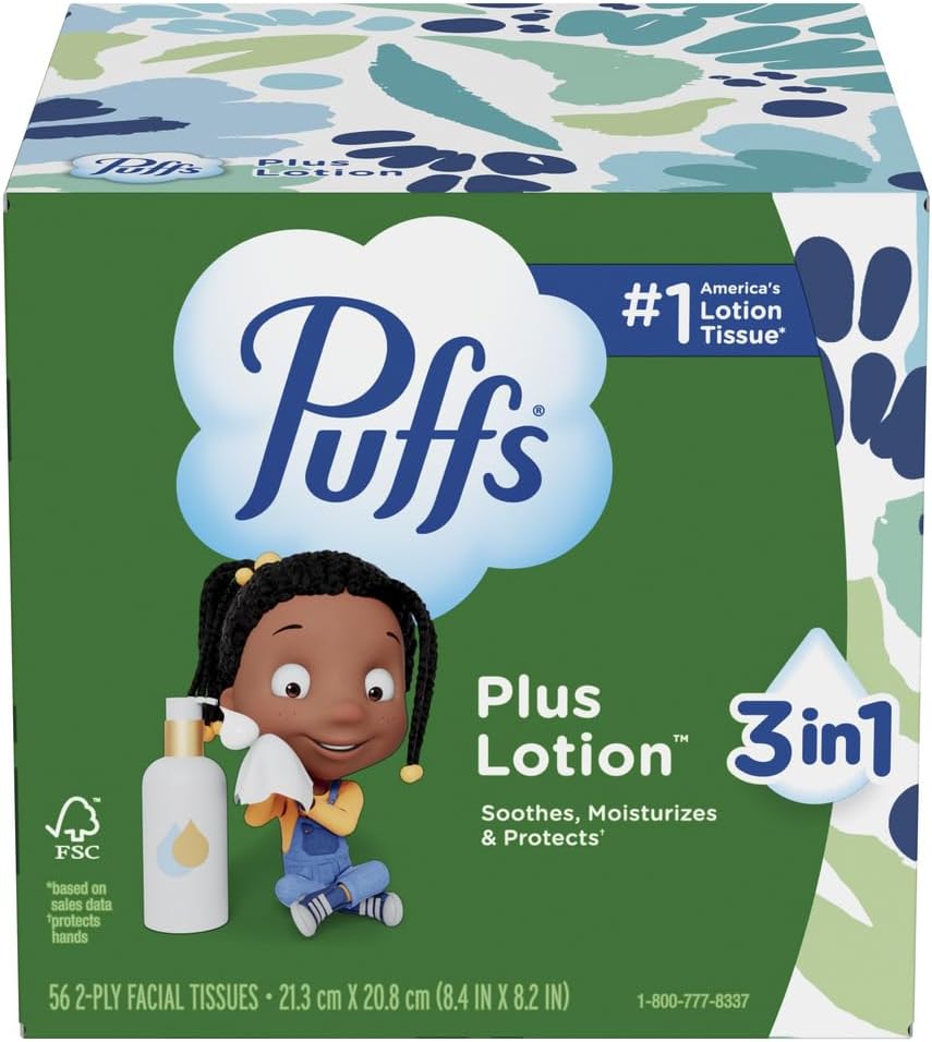 Puffs Plus Lotion Facial Tissues for Playroom and Family Living Room, Allergy and Runny Nose Relief