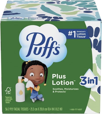 Puffs Plus Lotion Facial Tissues for Playroom and Family Living Room, Allergy and Runny Nose Relief